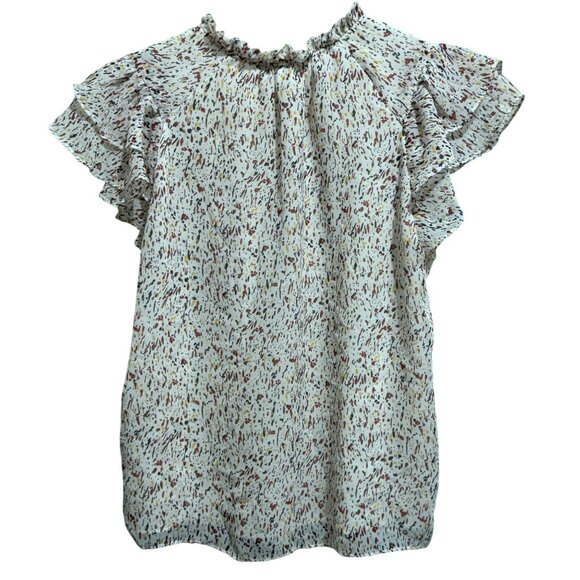 Joie Confetti Print Split V Ruffled Neckline Double Flutter Sleeve Lined Top SzL - Picture 4 of 5